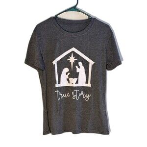Women’s T-Shirt True Story Religious Short Sleeve Scoop Neck Grey Size Small